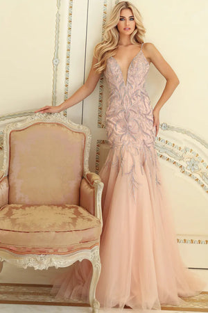 Jovani S62456 deep v-neck mermaid gown with sweep train front view