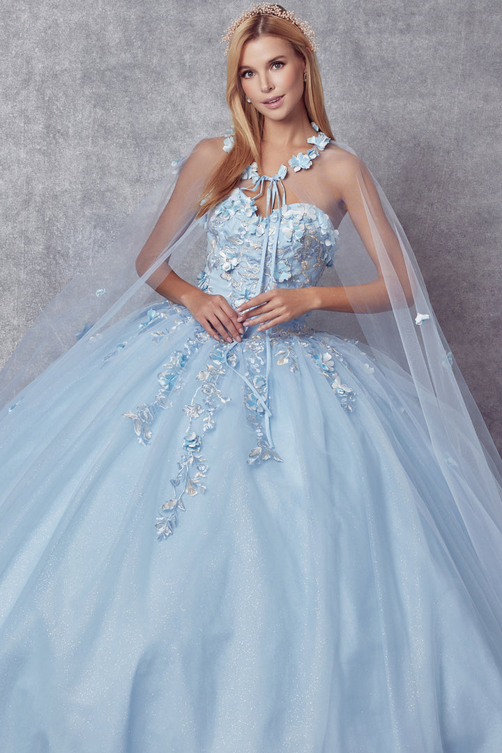 Juliet 1435 strapless quinceanera dress with cape front view