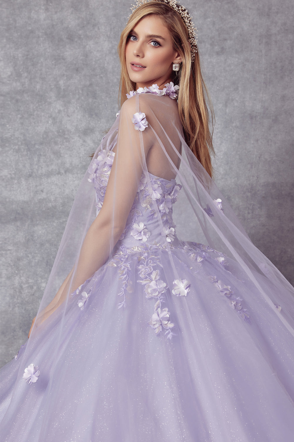 Juliet 1435 quinceanera dress side view with sheer cape