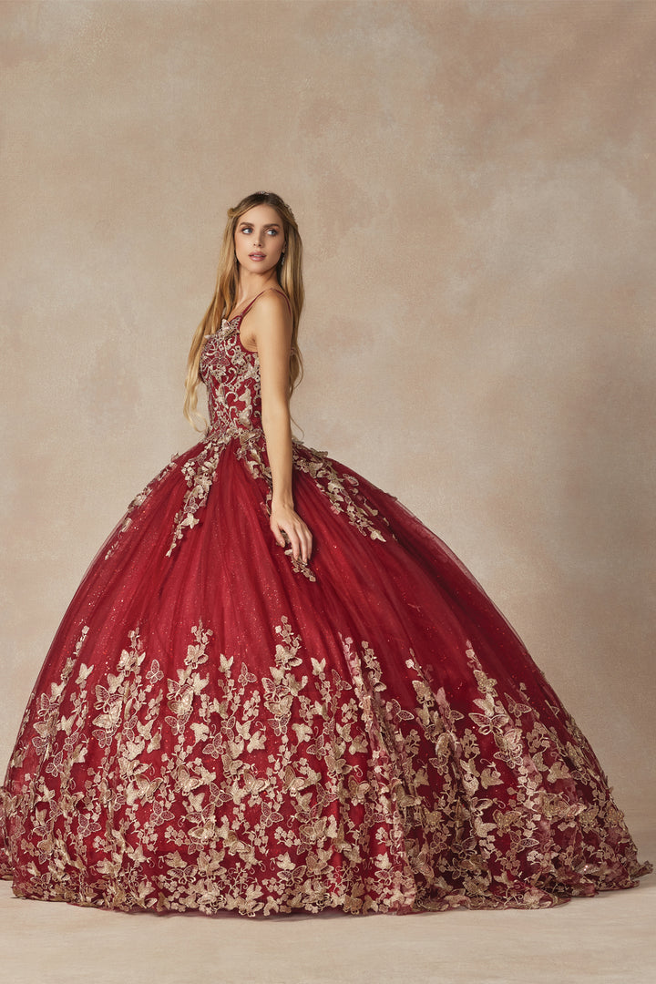 Juliet 1442 butterfly appliqué cape quinceanera dress side view, option 3