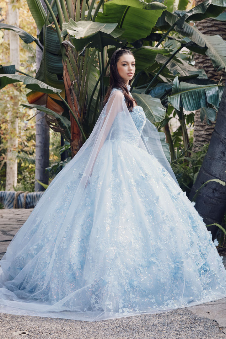 Juliet JT1449J strapless sweetheart cape quinceanera dress side view with cape