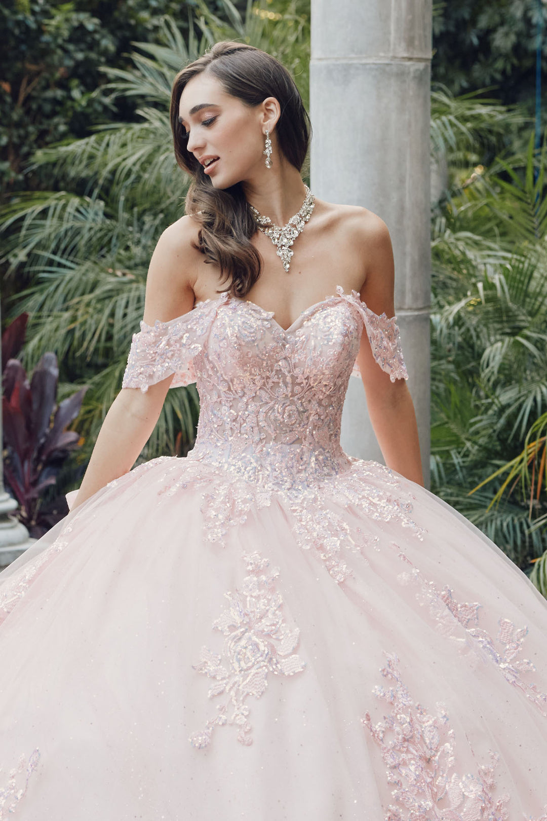 Juliet JT1458J off-shoulder ball gown quinceanera dress off-shoulder bodice detail view