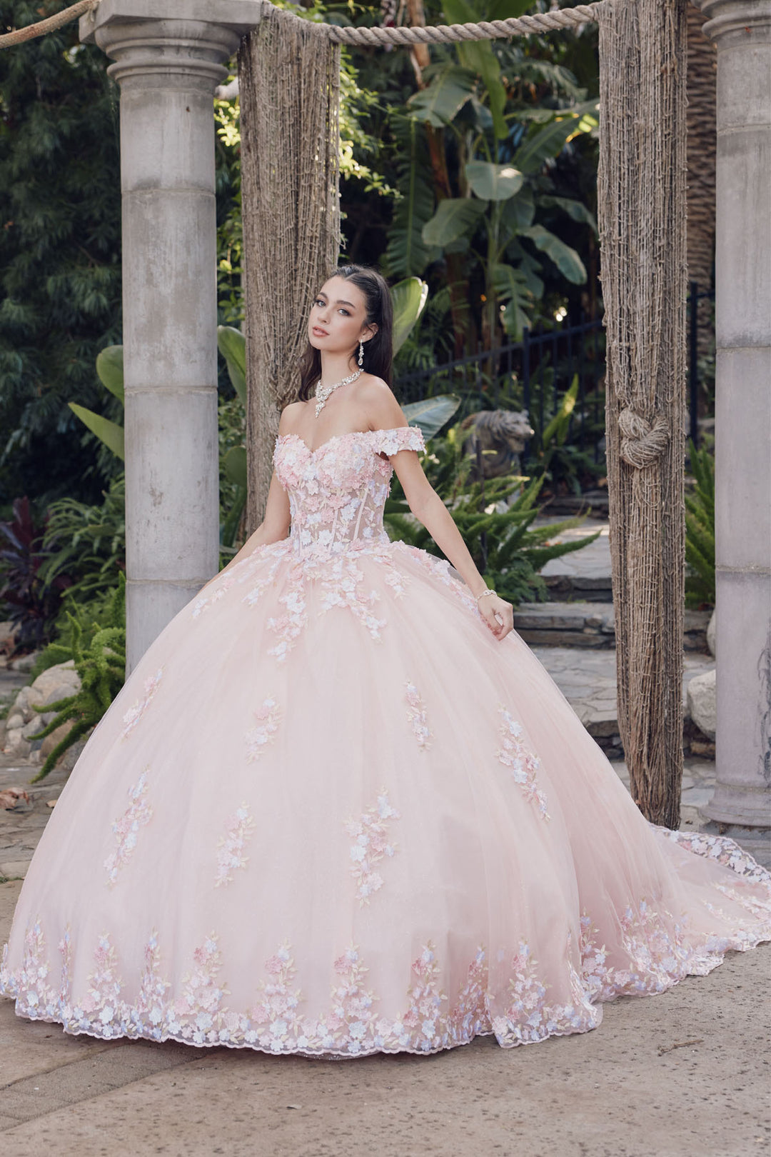 Juliet JT1460J off-shoulder floral appliqué quinceanera ball gown front view