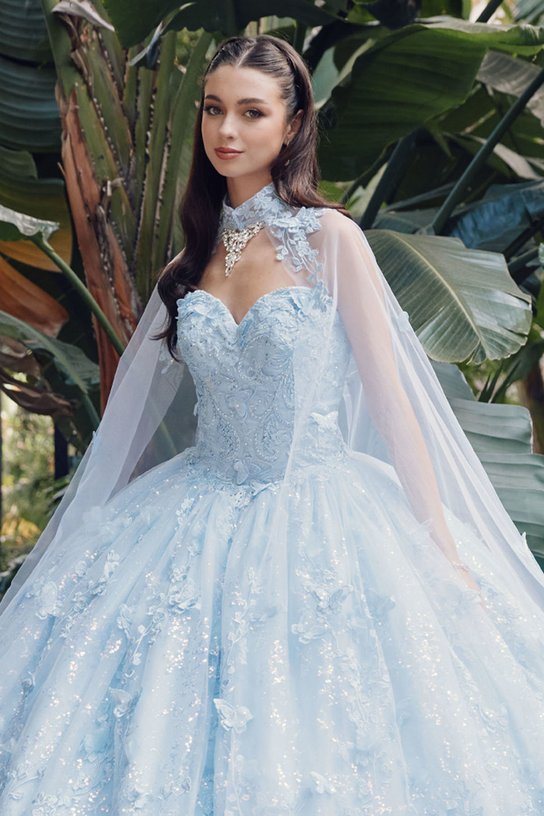 Juliet JT1449J strapless sweetheart cape quinceanera dress front close-up view with sheer cape