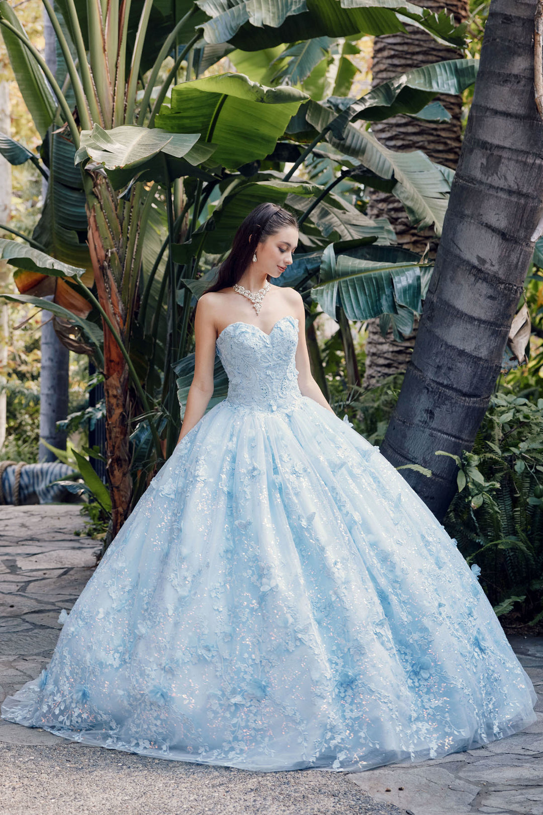 Juliet JT1449J strapless sweetheart cape quinceanera dress front view, option 2