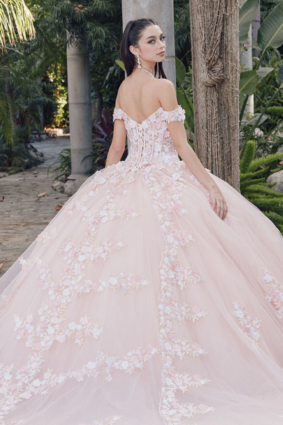 Juliet JT1460J off-shoulder floral appliqué quinceanera ball gown back view, option 2