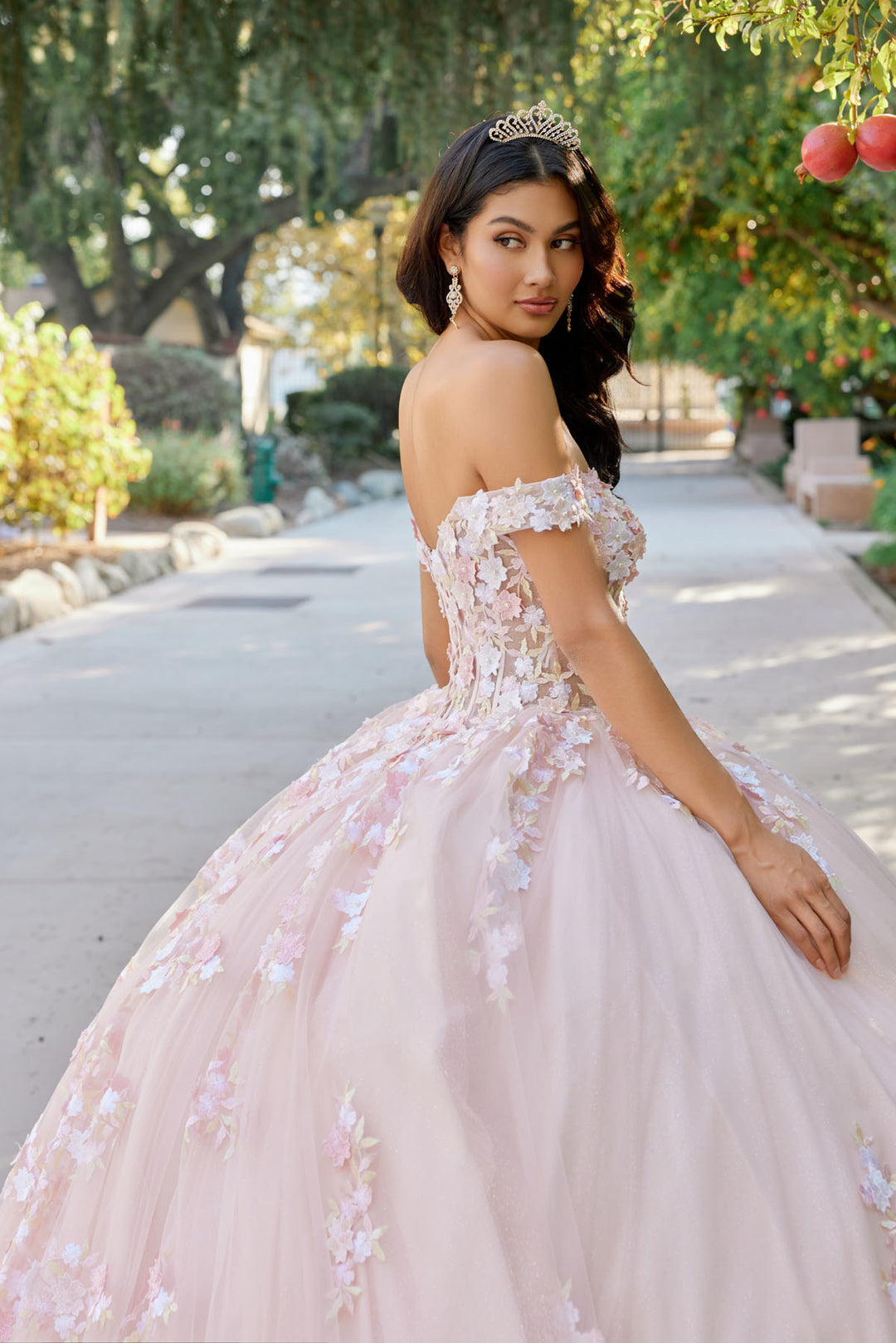 Juliet JT1460J off-shoulder floral appliqué quinceanera ball gown back three-quarter view, option 2