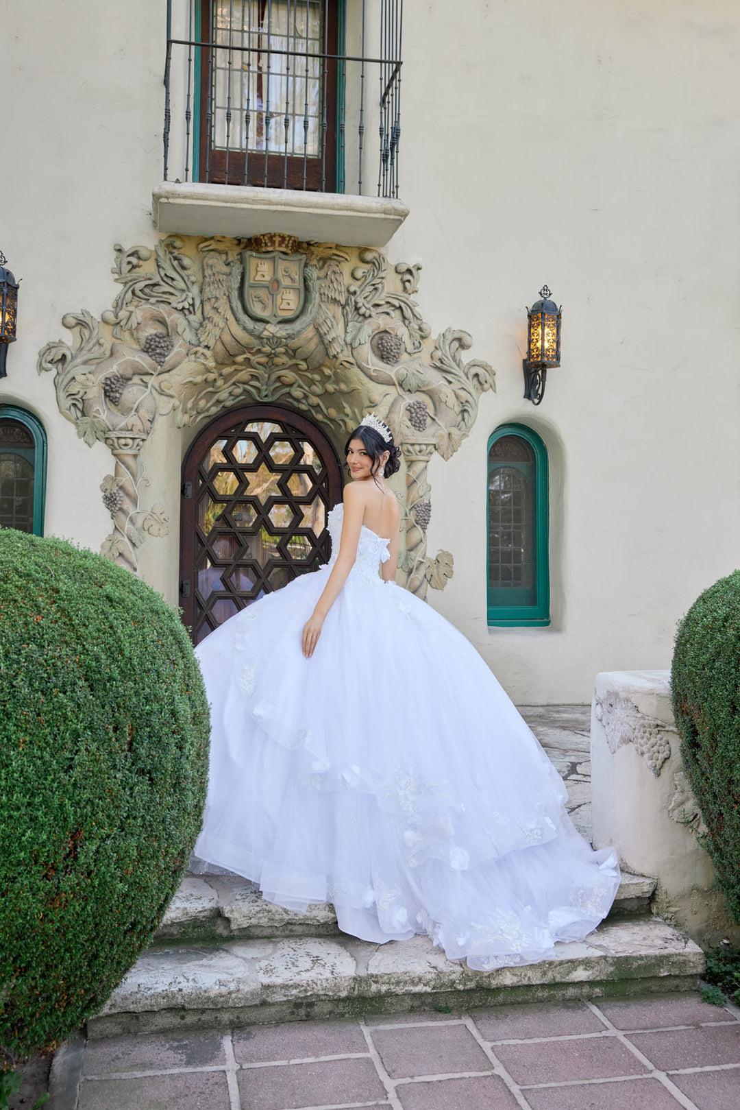 Juliet JT1495HW strapless appliqué ball gown quinceanera dress back three-quarter view