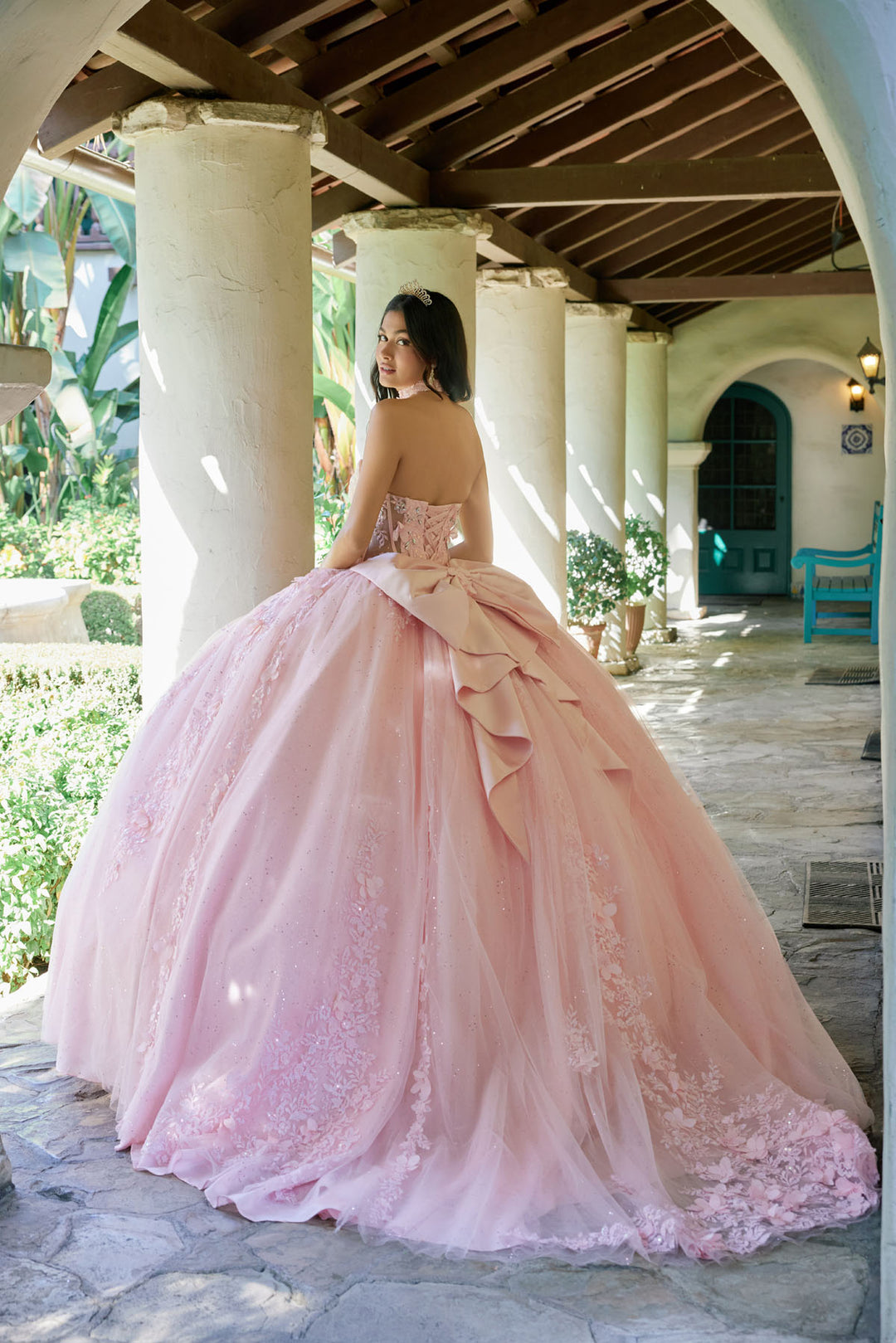 Juliet JT1497J quinceanera ball gown back view with bow and train