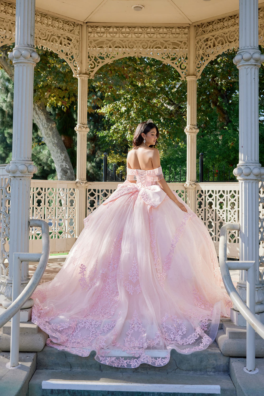 Juliet JT1503J quinceanera ball gown back view with bow and train