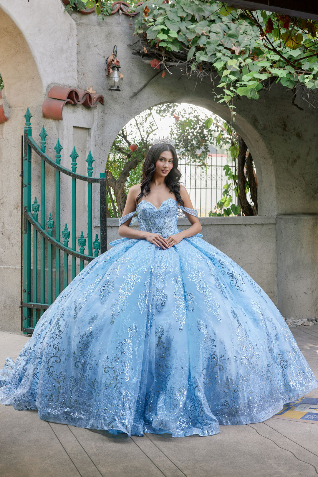 Juliet JT1510H off-shoulder quinceanera ball gown front view, option 2