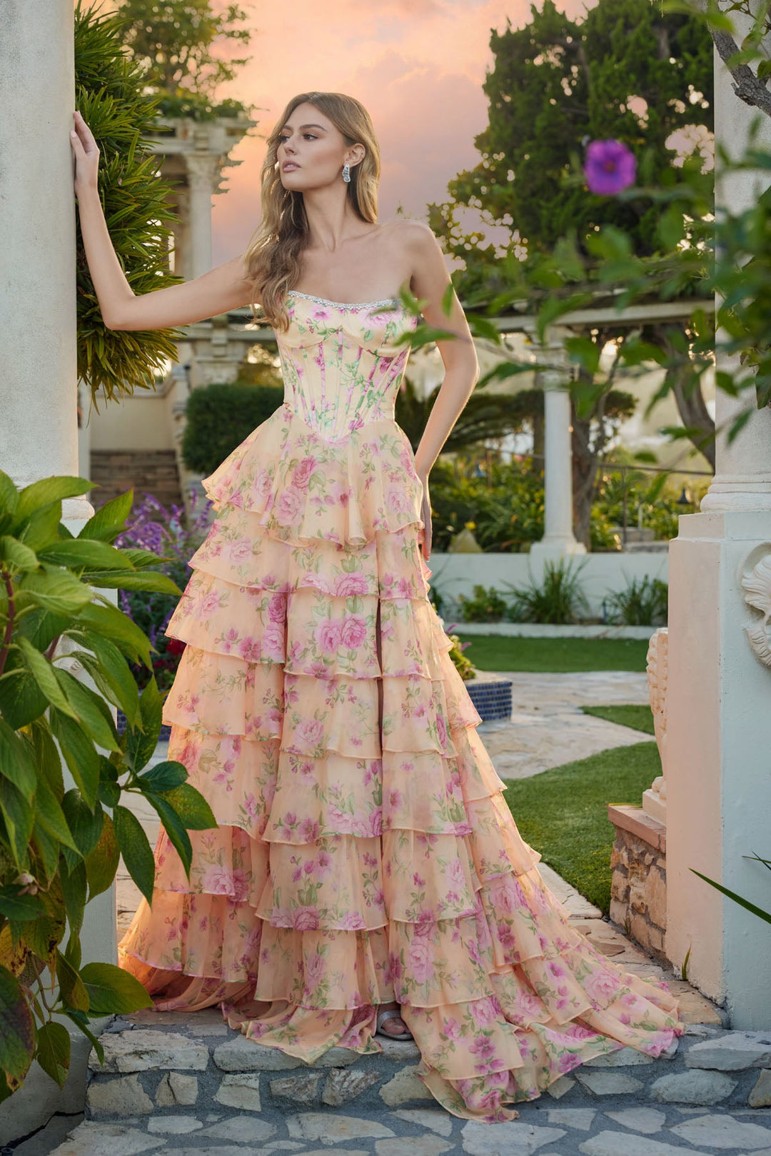 Print Strapless A-line Tiered Slit Gown by Juliet JT2739S - FOSTANI.com