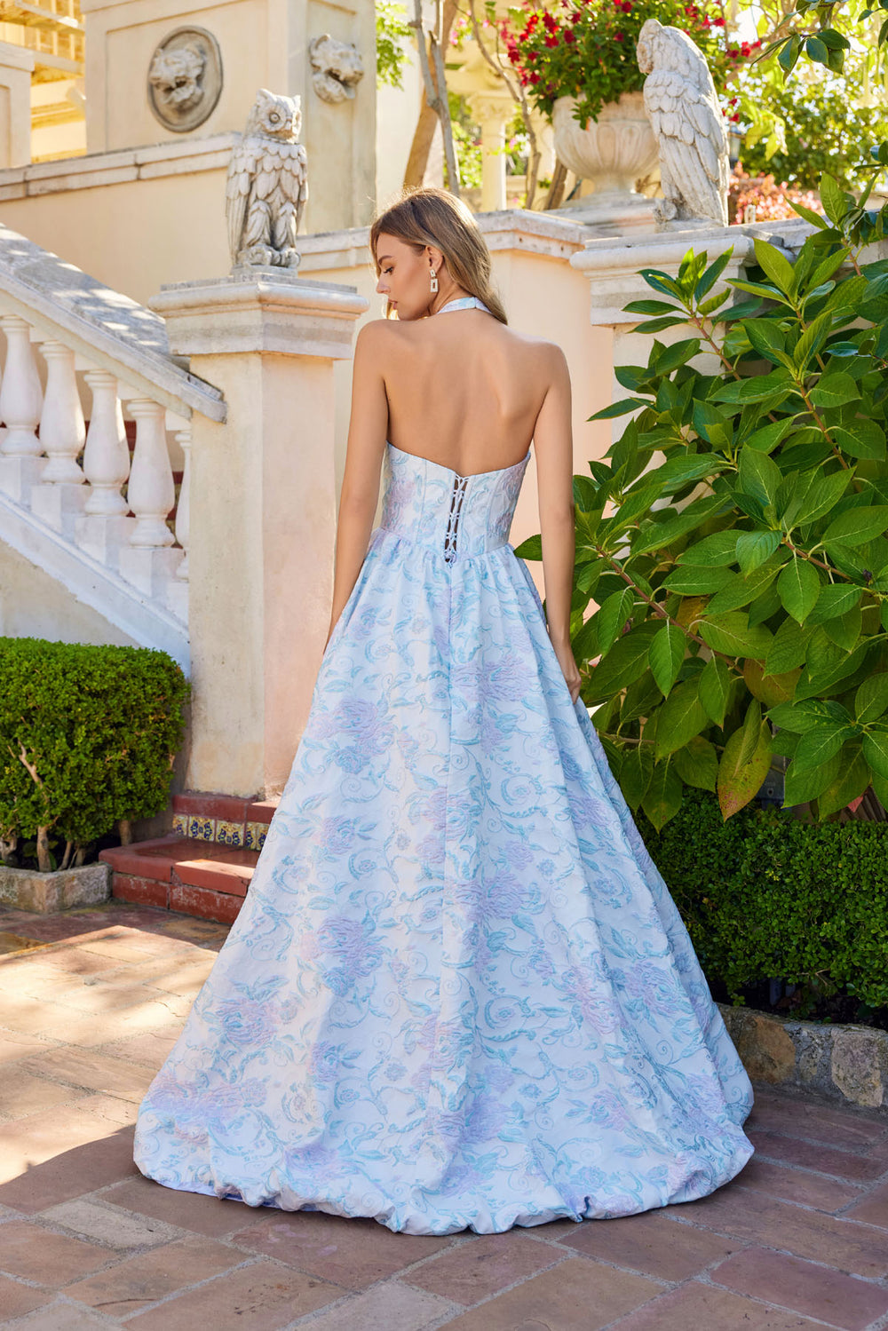 Juliet JT2742A halter ball gown prom dress back view with lace-up open back