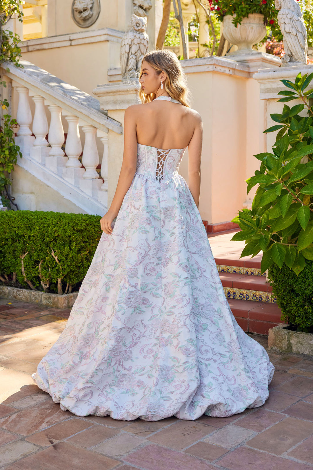 Juliet JT2742A halter ball gown prom dress back view with lace-up open back, option 2