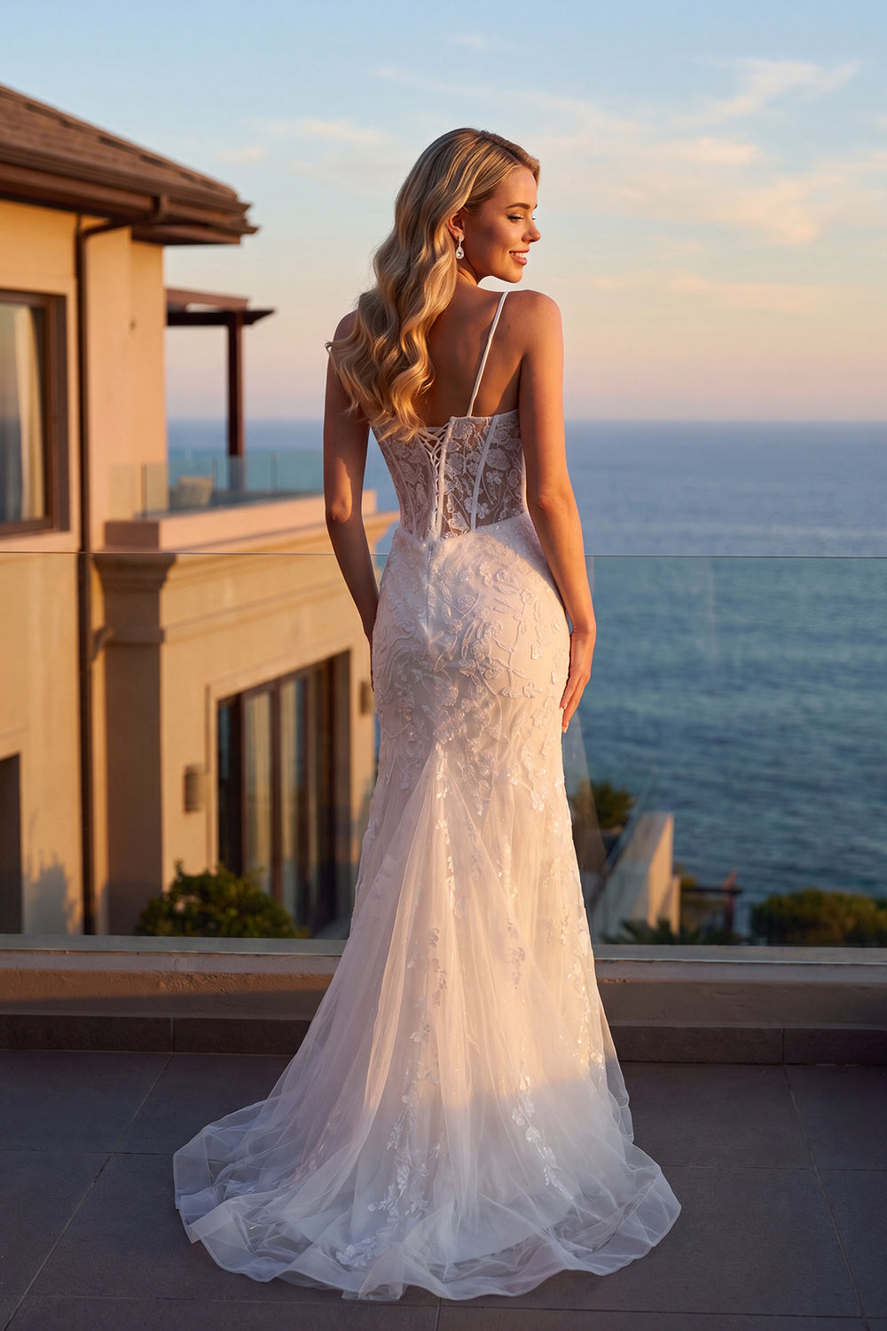 Juliet JT2441SW sheer corset mermaid bridal gown back view with lace-up back