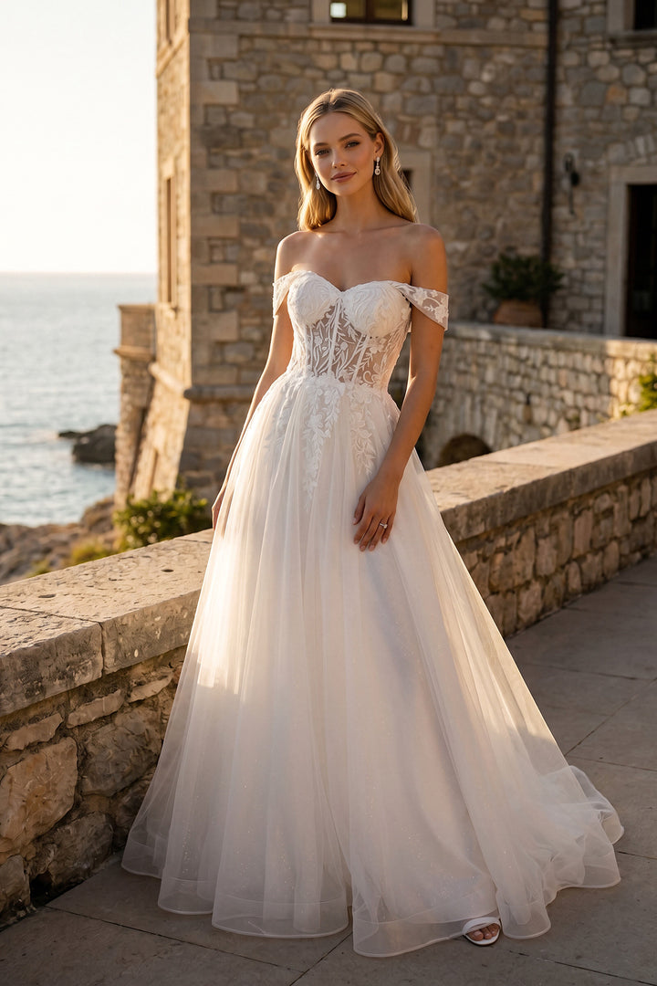 Juliet JT2606LW off-shoulder A-line bridal gown front view