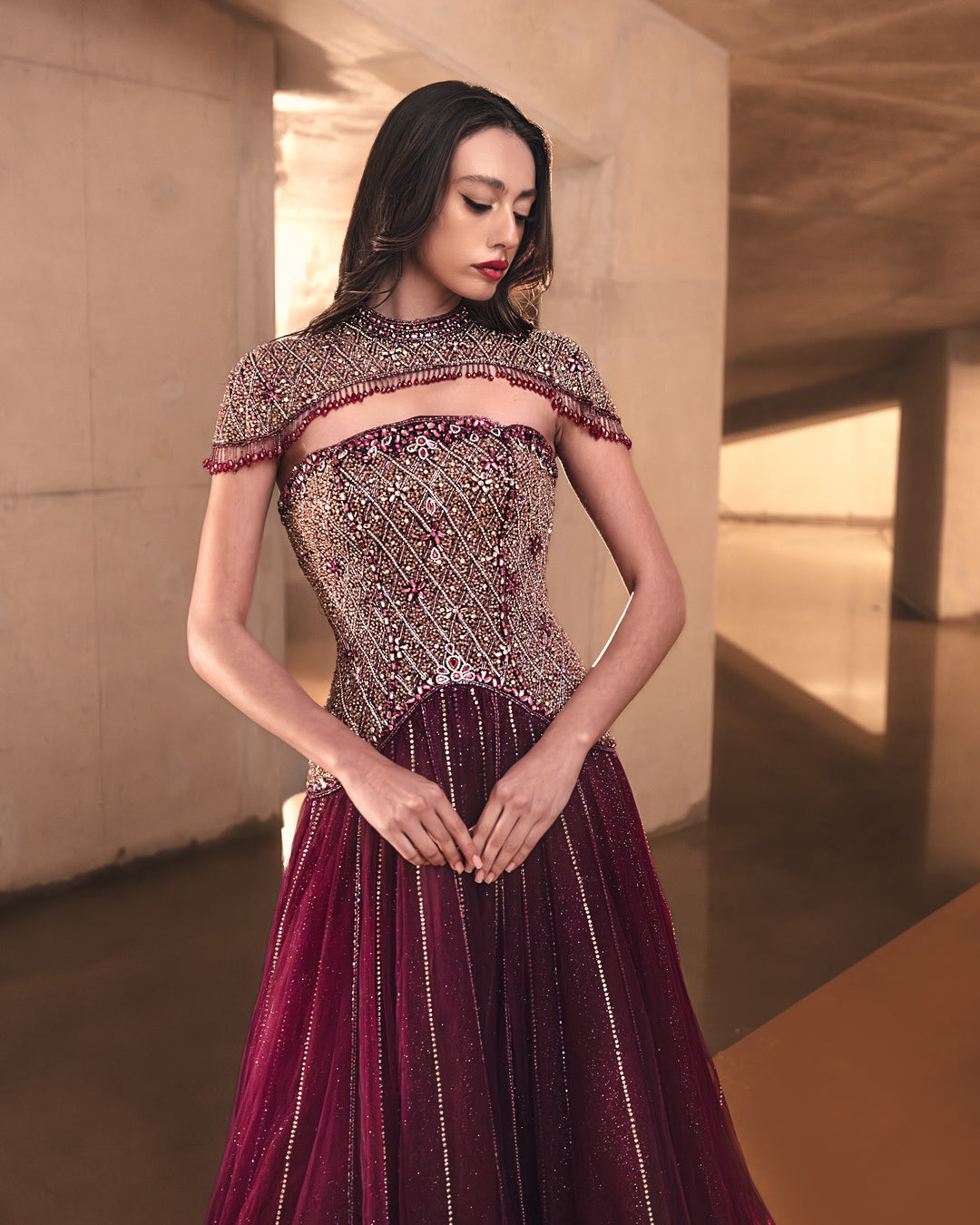 Delilah LD11679 Strapless Crystal Basque Ball Gown with High Neck Beaded Bolero - Red close-up view