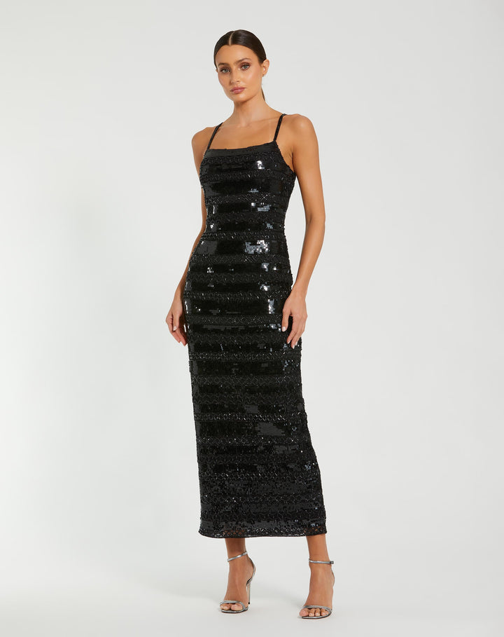 Mac Duggal 10094 Black Embellished Spaghetti Strap Midi Dress