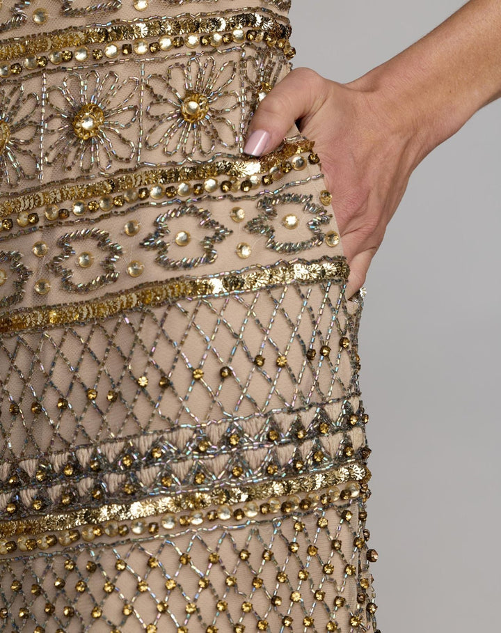Mac Duggal 10113 Gold Short Sleeve Embellished Mini Dress