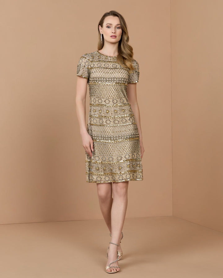 Mac Duggal 10113 Gold Short Sleeve Embellished Mini Dress