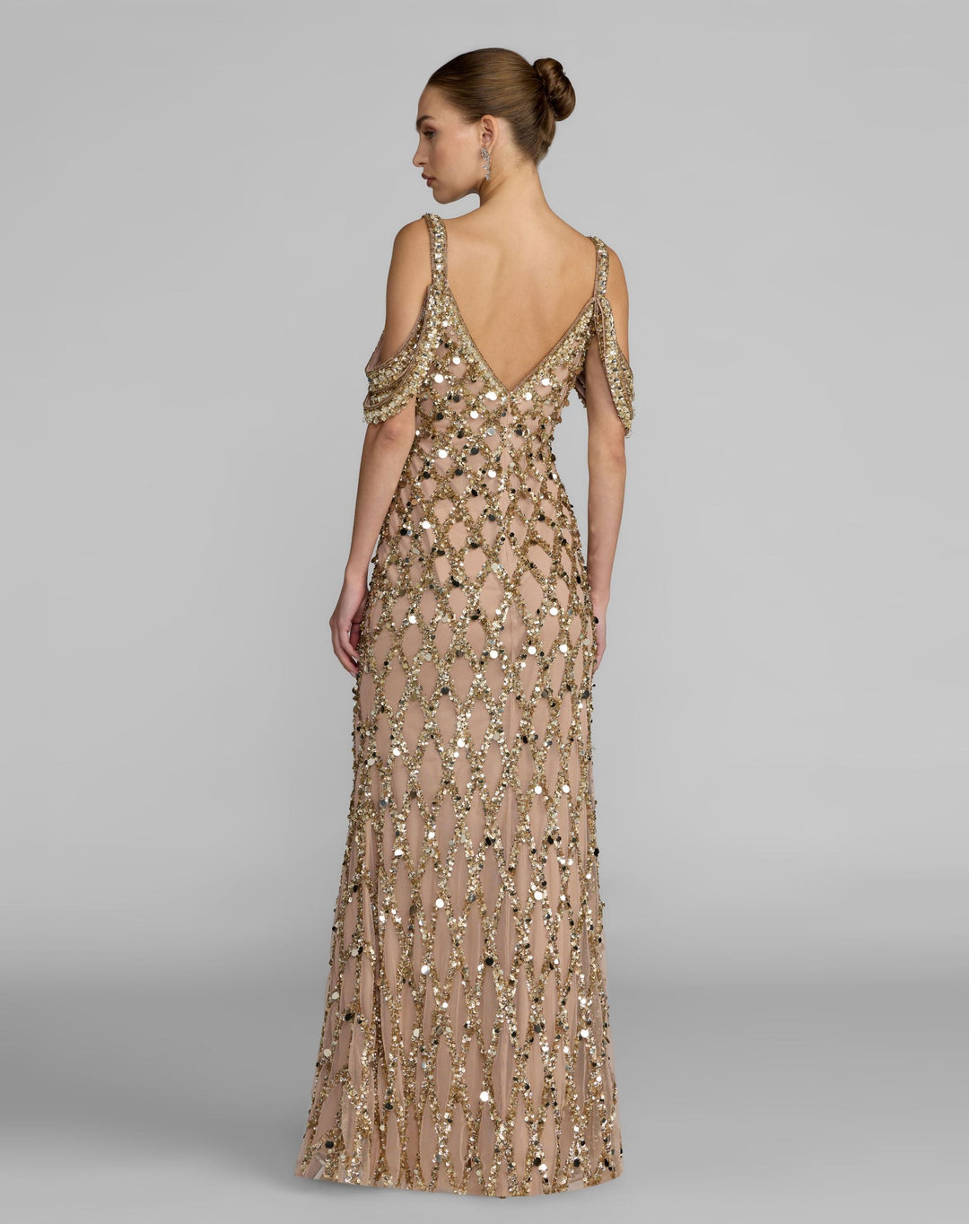 Mac Duggal 10139 Gold Sequin Embellished V-Neck Gown