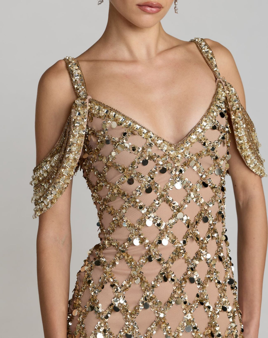 Mac Duggal 10139 Gold Sequin Embellished V-Neck Gown