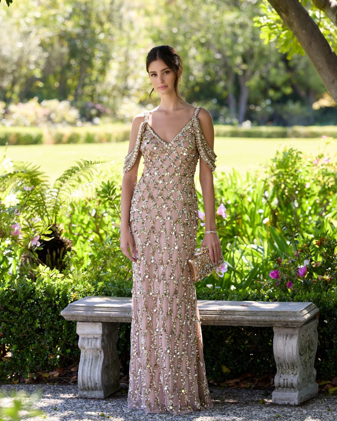 Mac Duggal 10139 Gold Sequin Embellished V-Neck Gown
