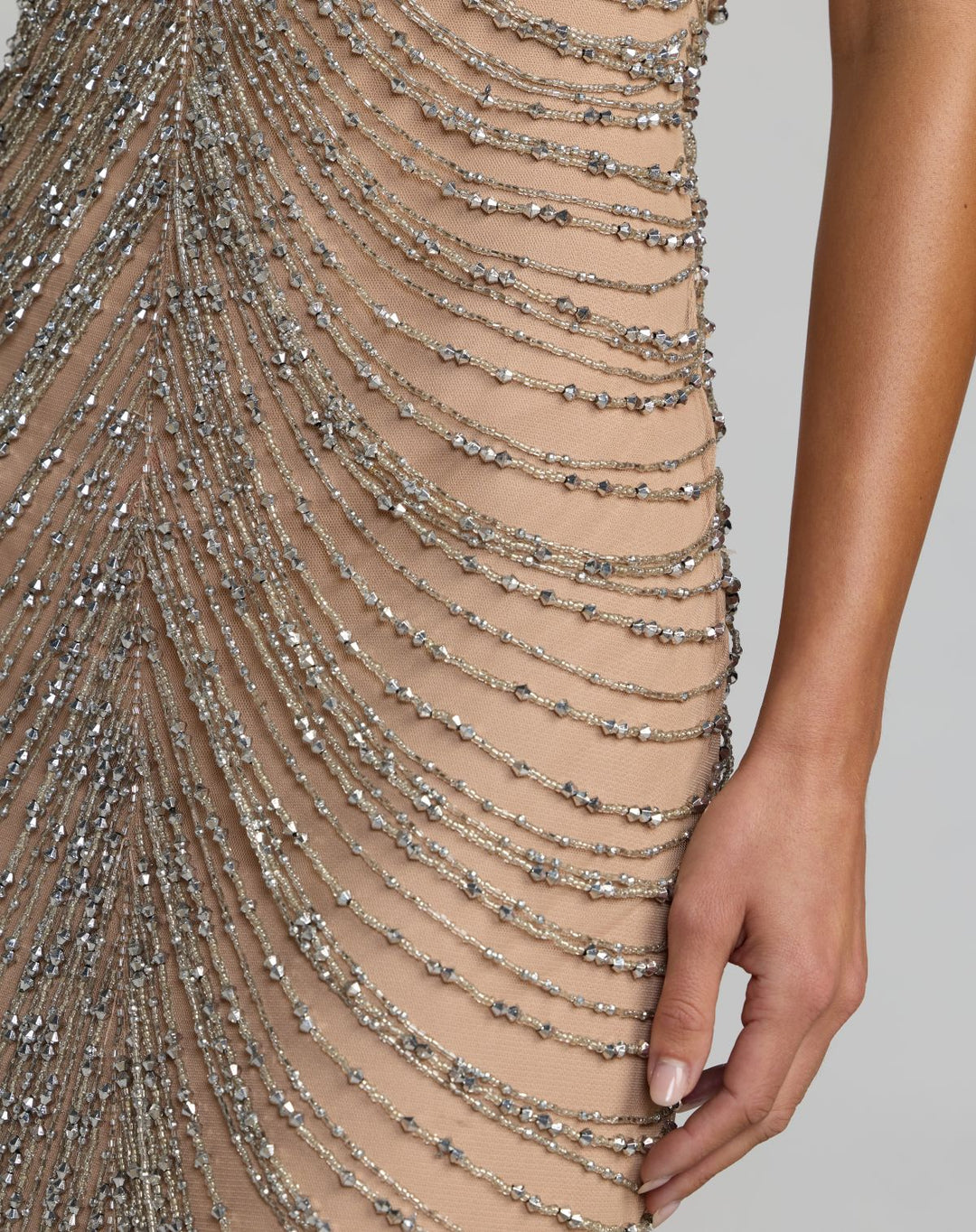 Mac Duggal 10206 Beige Halter Neck Embellished Maxi Dress
