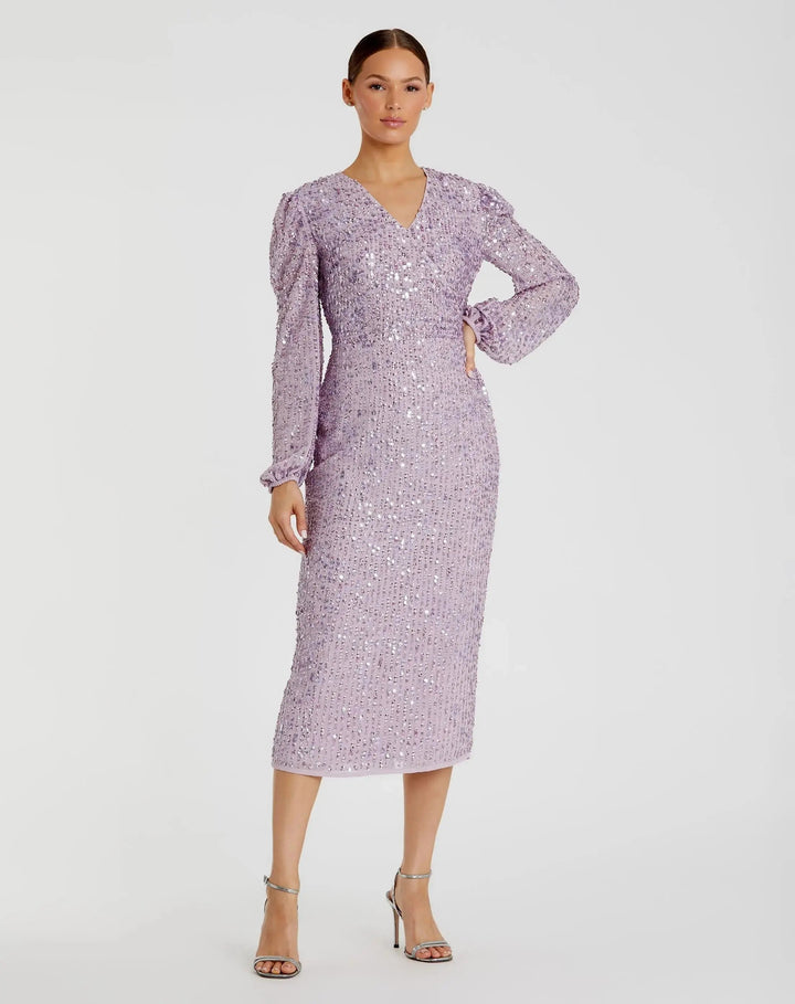 Mac Duggal 107641 Sequined Illusion Puff Sleeve V Neck Midi Dress
