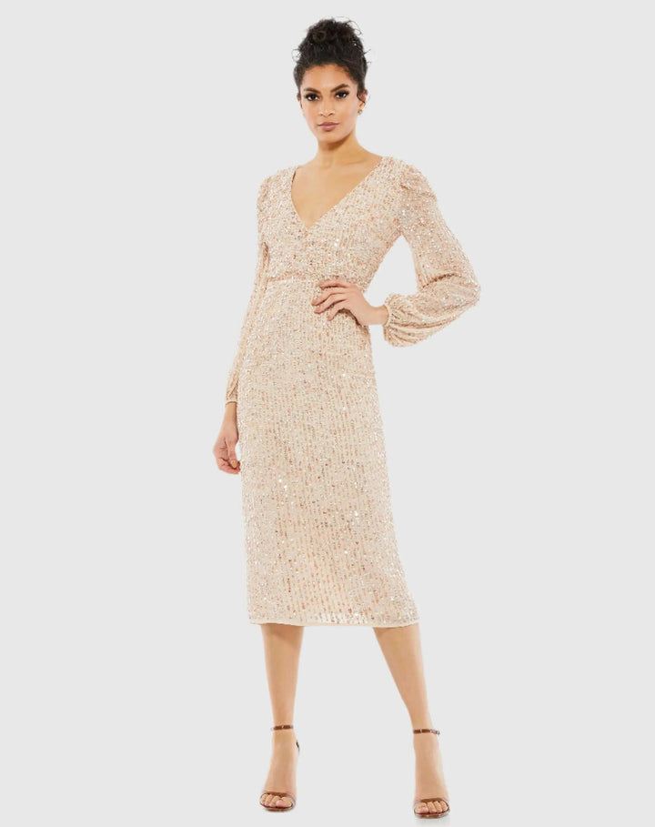Mac Duggal 107641 Sequined Illusion Puff Sleeve V Neck Midi Dress
