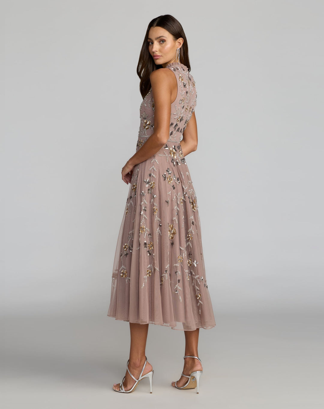 Mac Duggal 10815 Pink Embellished High Neck Sleeveless Midi Dress