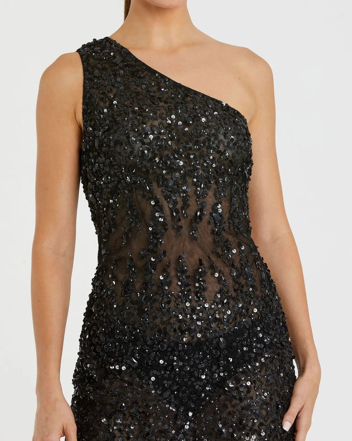 Mac Duggal 10977 Black One Shoulder Sheer Hand Sequined Mini Dress