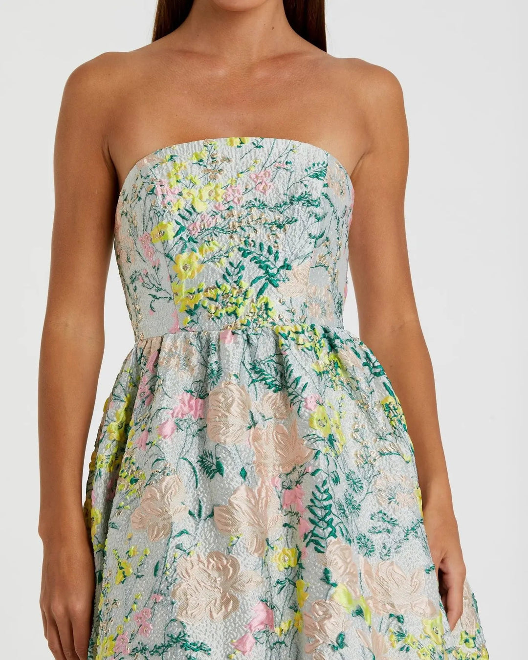Multicolor Strapless Floral Brocade A-Line Gown - FOSTANI.com