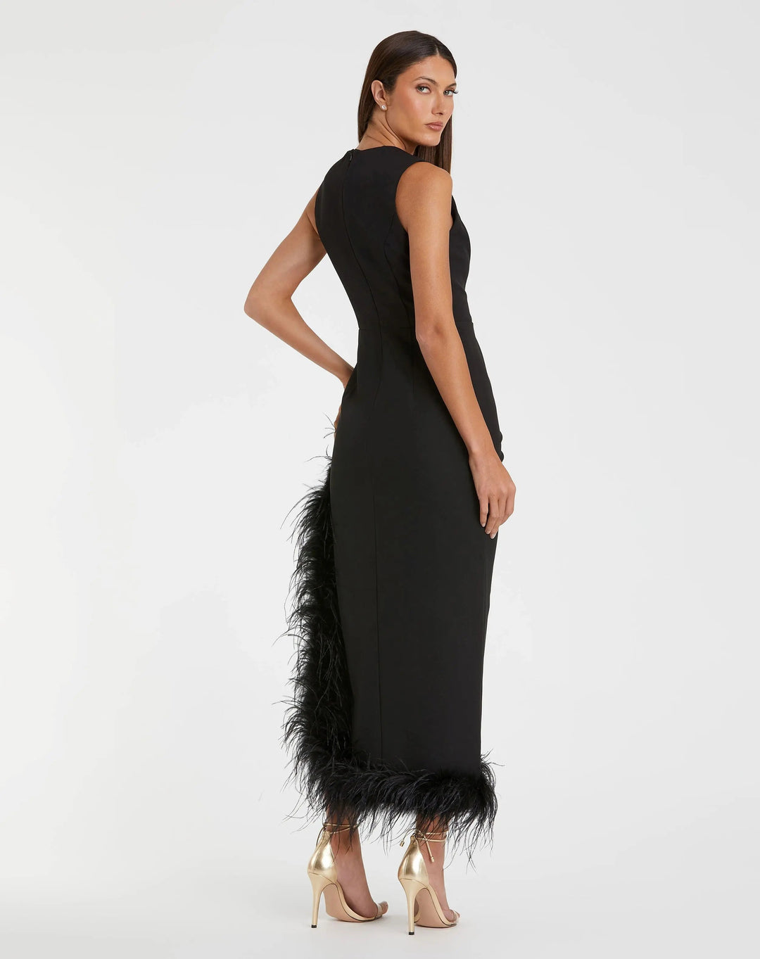 Mac Duggal 11626 Black Ruched High-Low Sheath Dress with Feather Trim