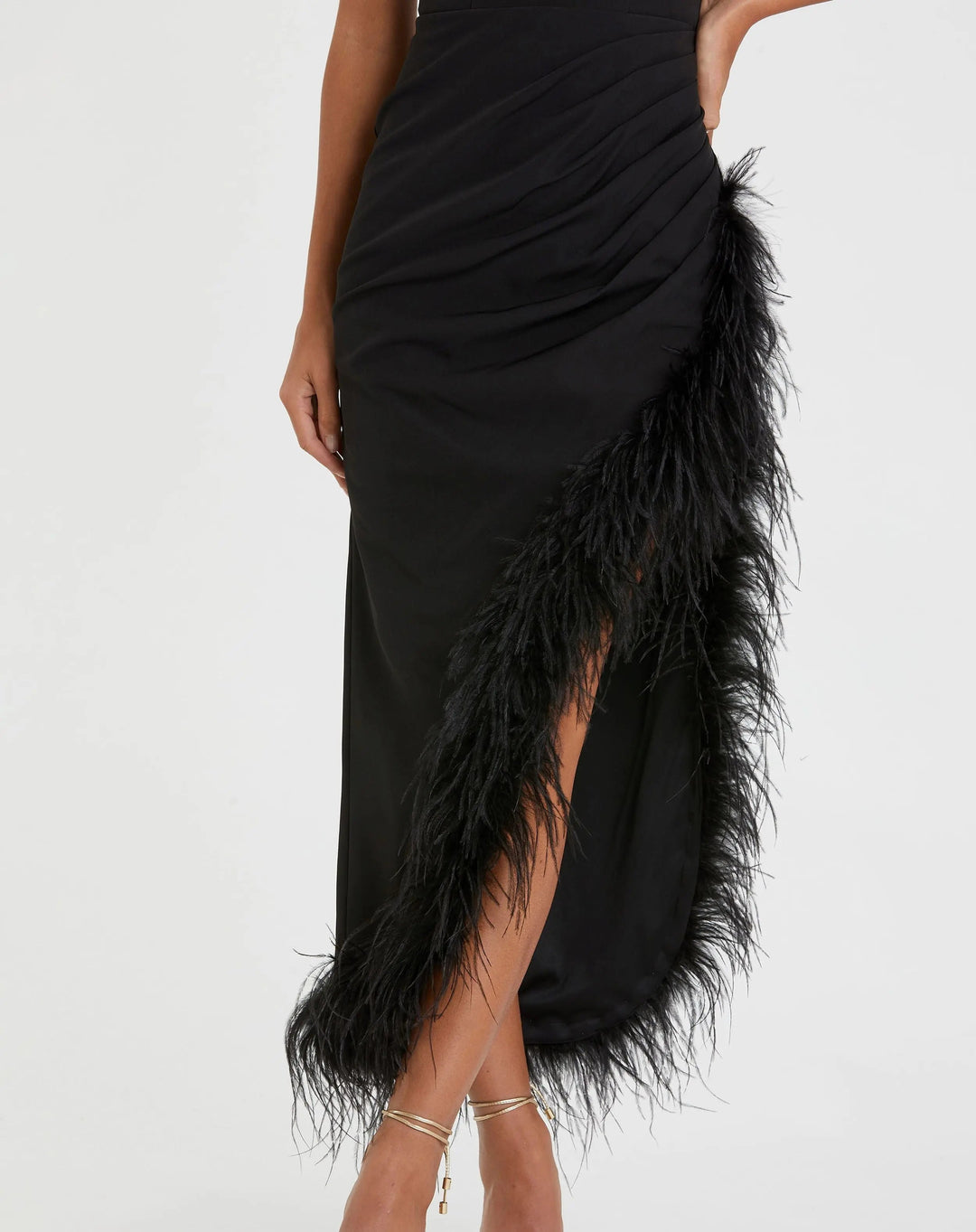 Mac Duggal 11626 Black Ruched High-Low Sheath Dress with Feather Trim