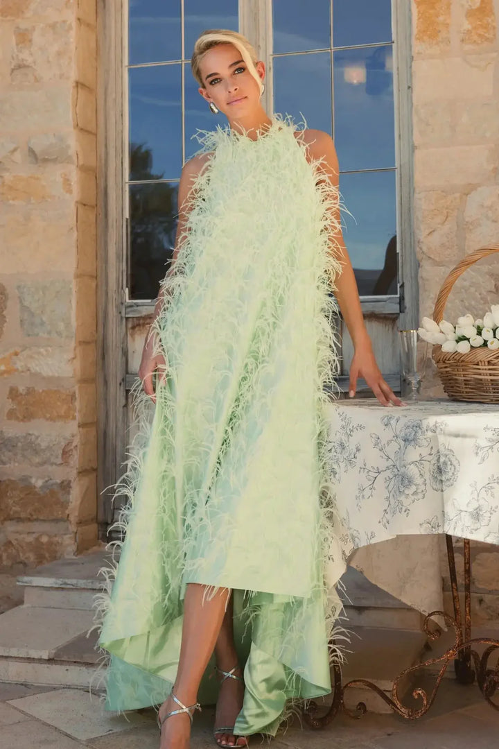 Mac Duggal 11633 Sleeveless Feather Embellished High Low Dress - FOSTANI.com
