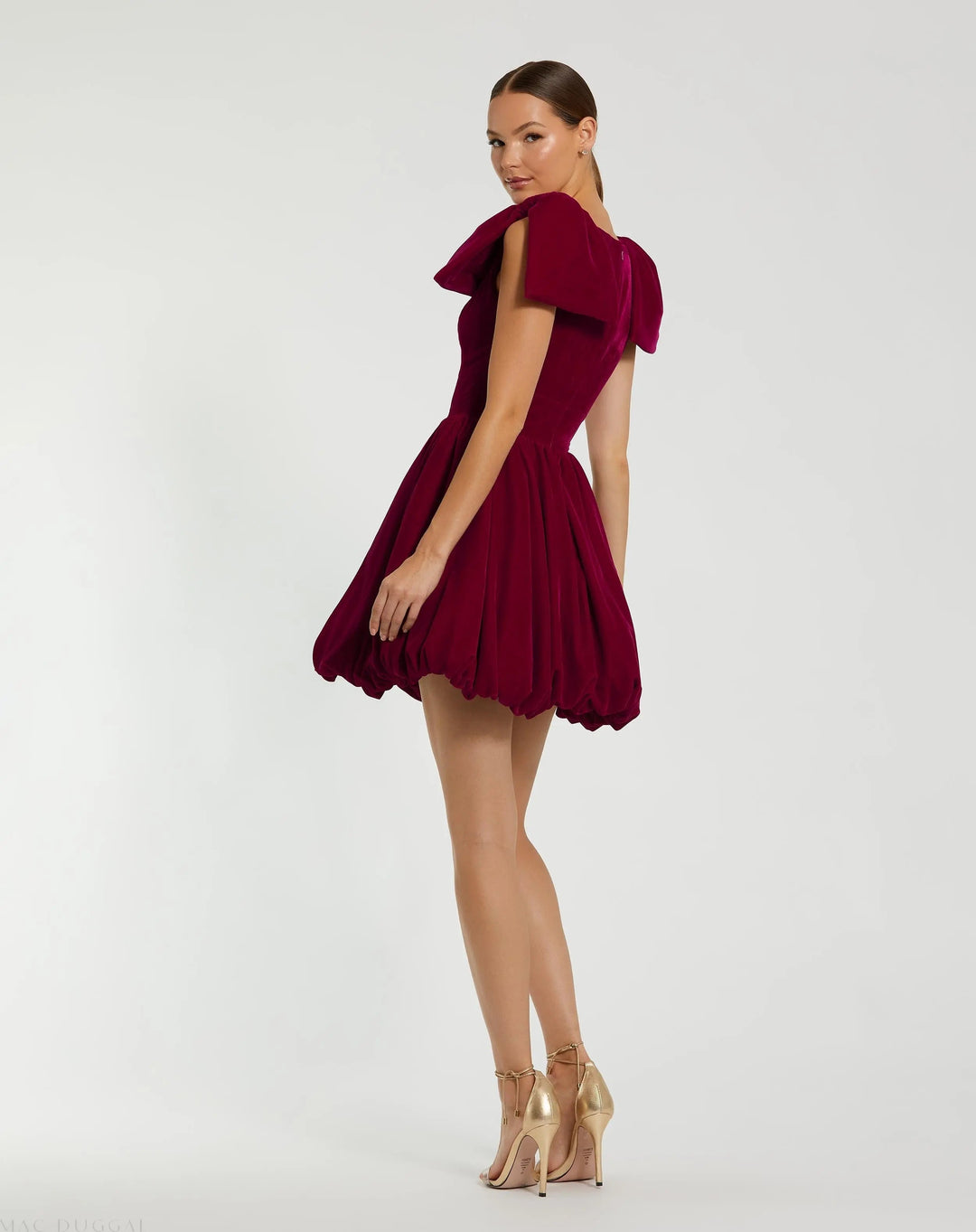 Mac Duggal 11743 Velvet Shoulder Bow Bubble Mini Dress