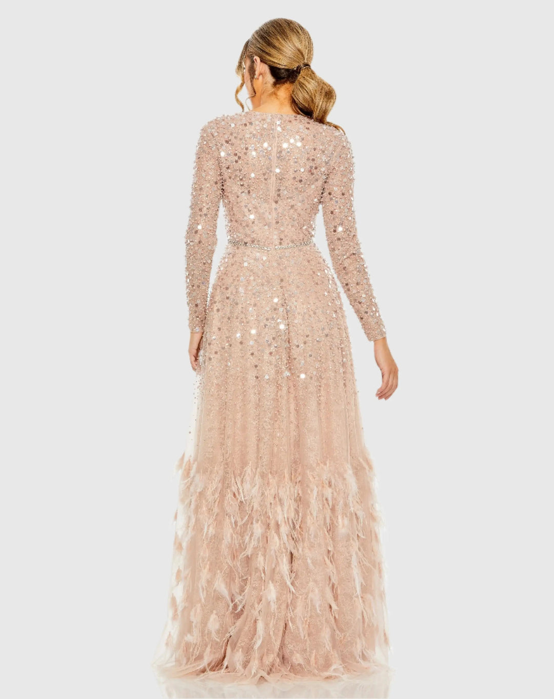 Mac Duggal 11782 Disc Embellished Sequin Gown with Feather Detail