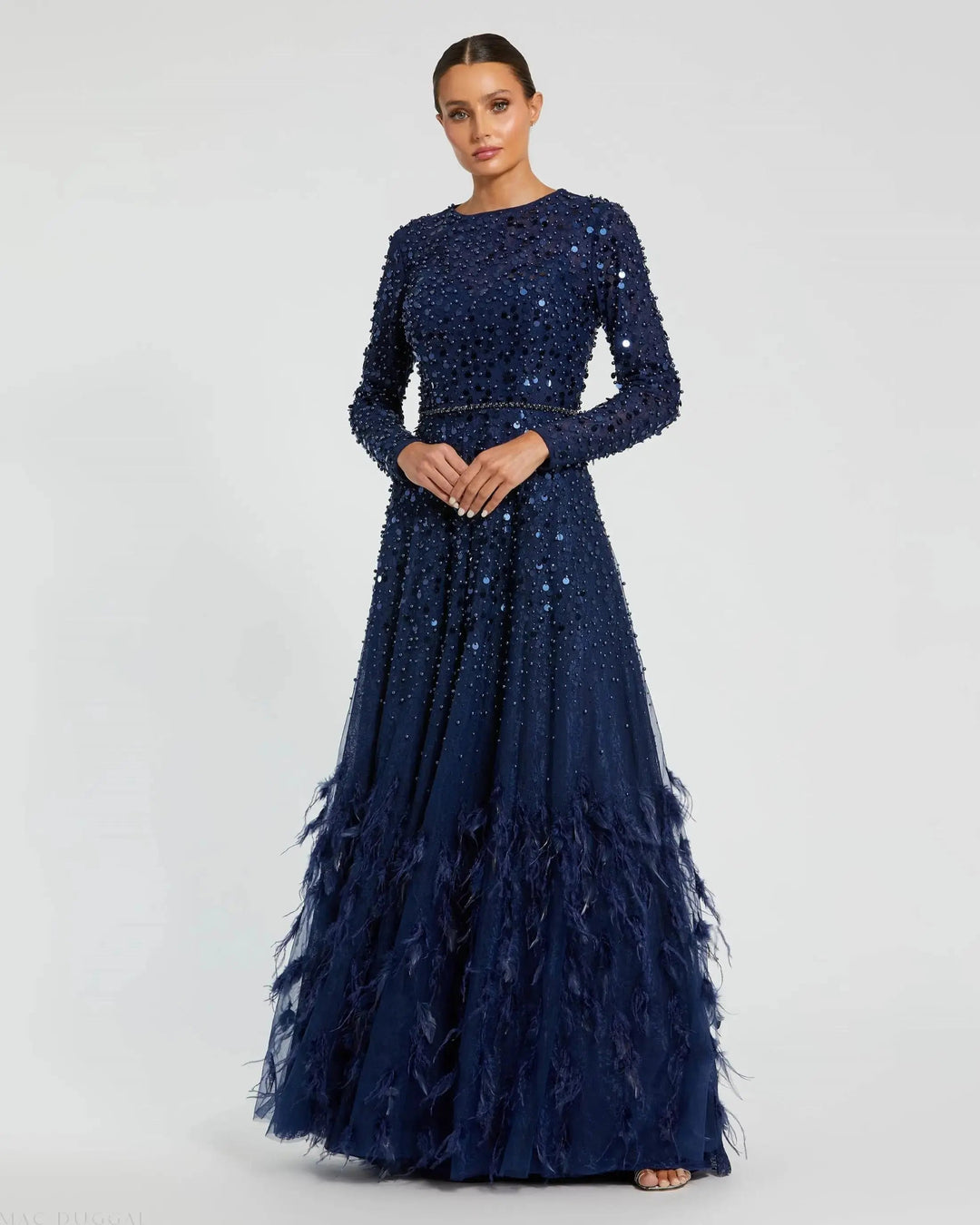 Mac Duggal 11782 Disc Embellished Sequin Gown with Feather Detail