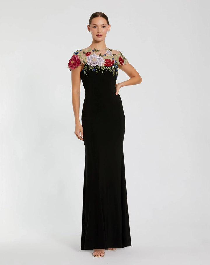 Black Floral Embellished Jersey Column Gown - FOSTANI.com