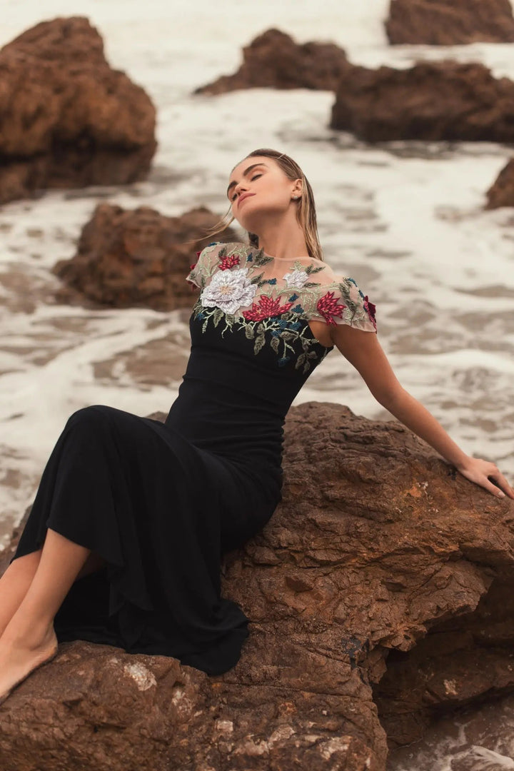 Black Floral Embellished Jersey Column Gown - FOSTANI.com