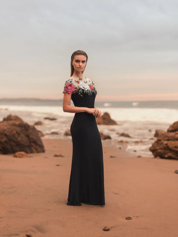 Black Floral Embellished Jersey Column Gown - FOSTANI.com