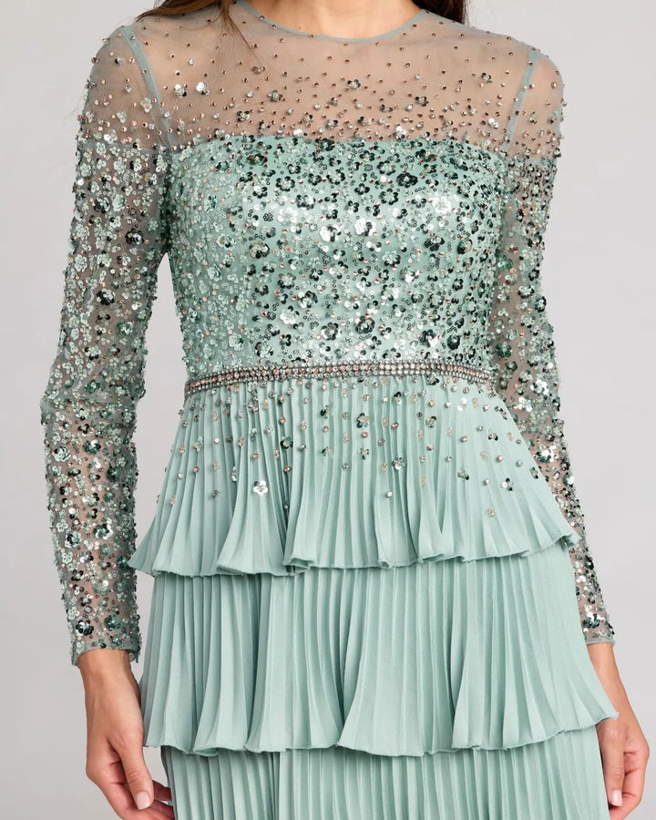 Mac Duggal 11903 Green Embellished Illusion Long Sleeve Ruffle Gown