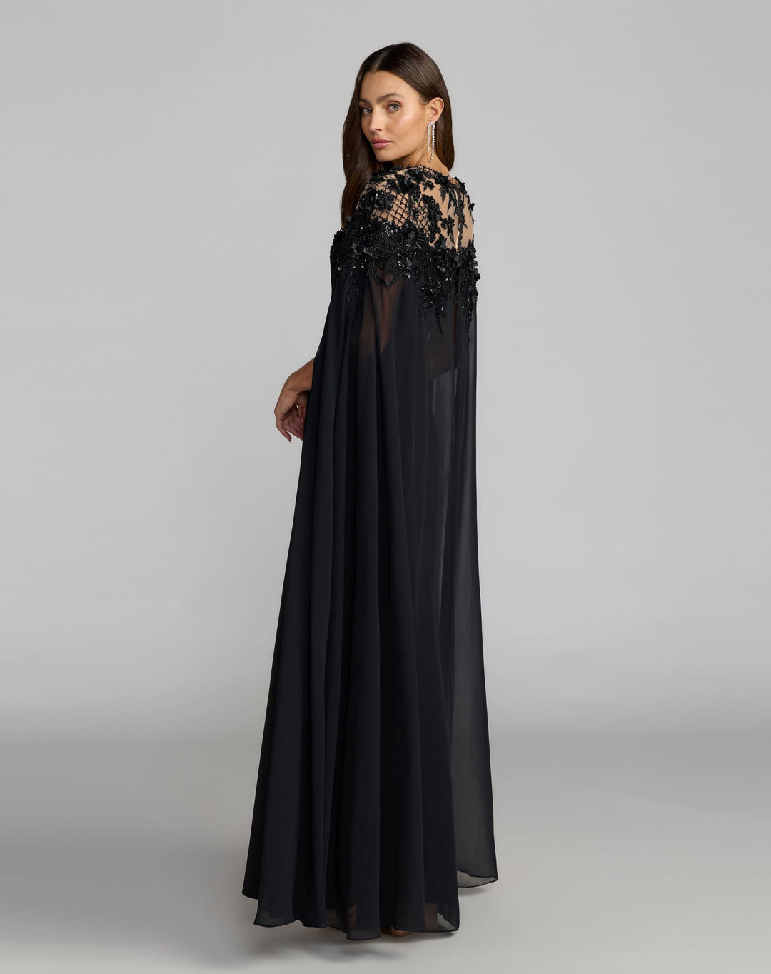 Mac Duggal 11954 Black Floral Embellished Crepe Gown With Chiffon Cape