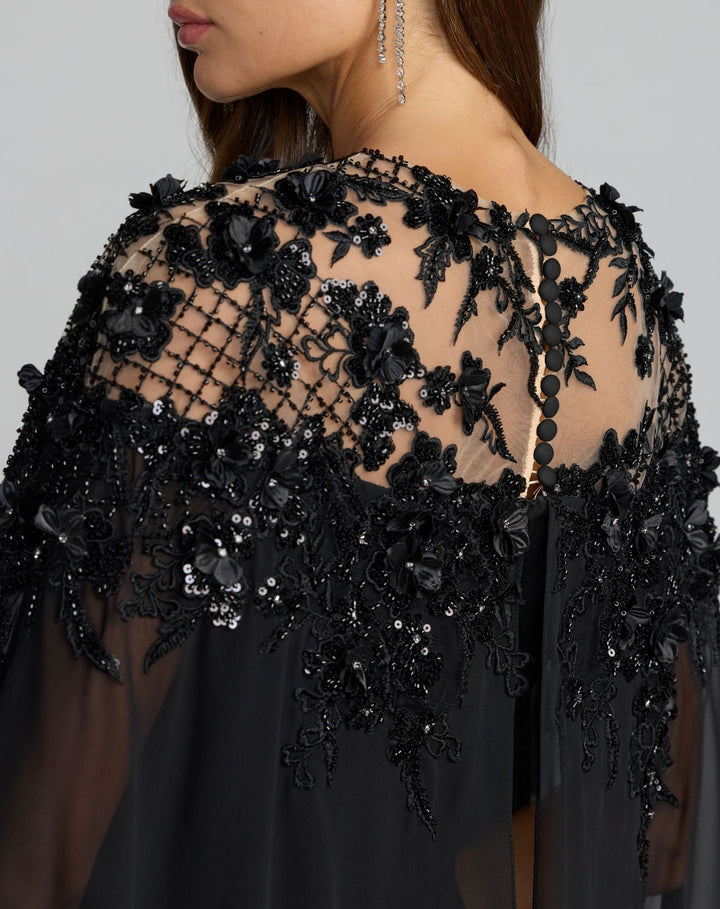Mac Duggal 11954 Black Floral Embellished Crepe Gown With Chiffon Cape