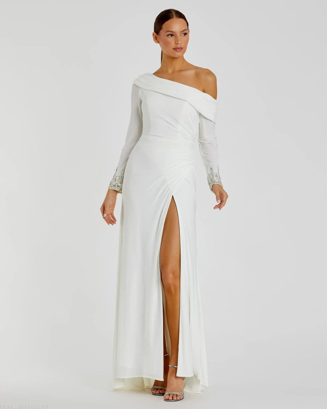 Mac Duggal 12231 White Beaded Cuff Drop Shoulder Faux Wrap Gown