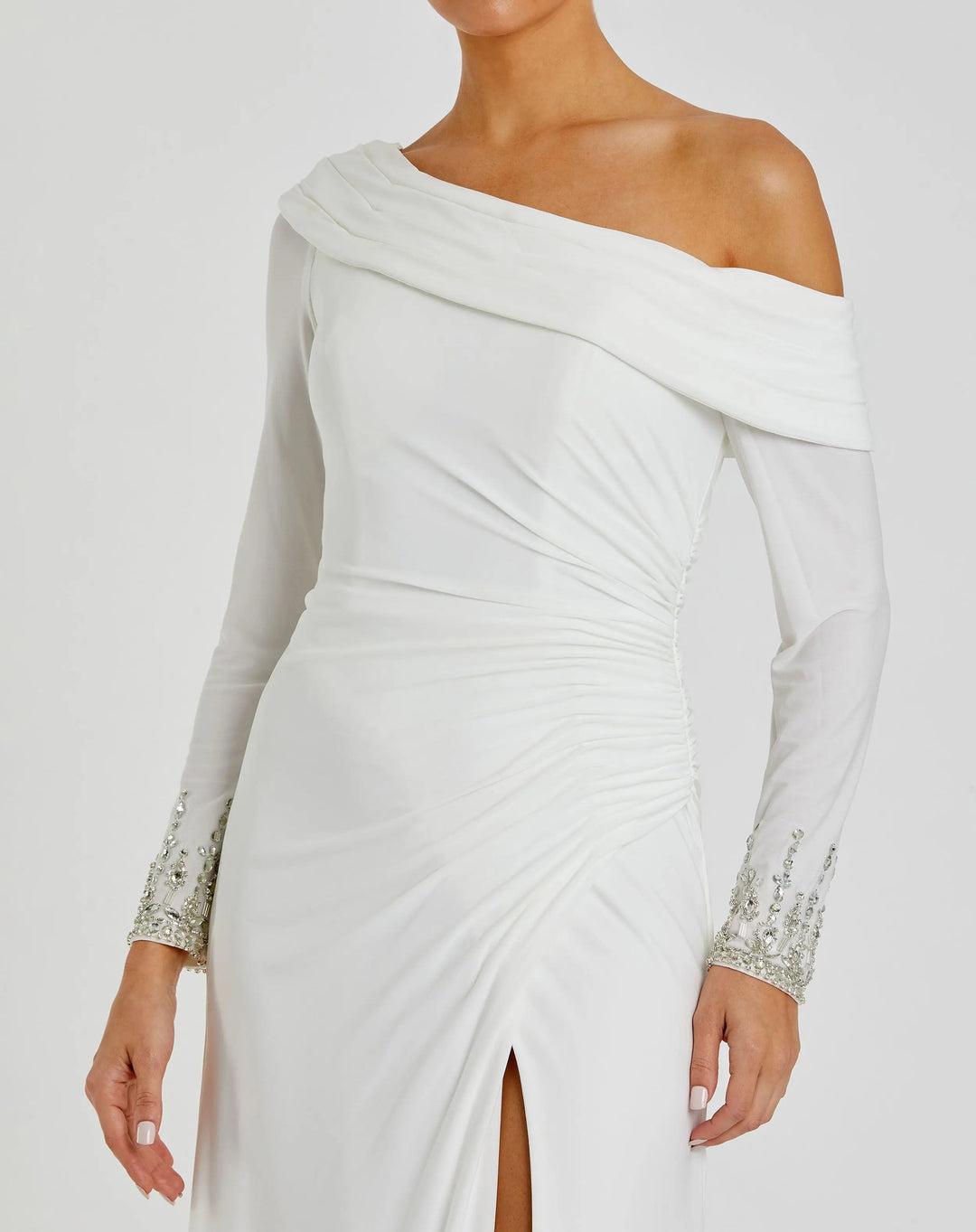 Mac Duggal 12231 White Beaded Cuff Drop Shoulder Faux Wrap Gown