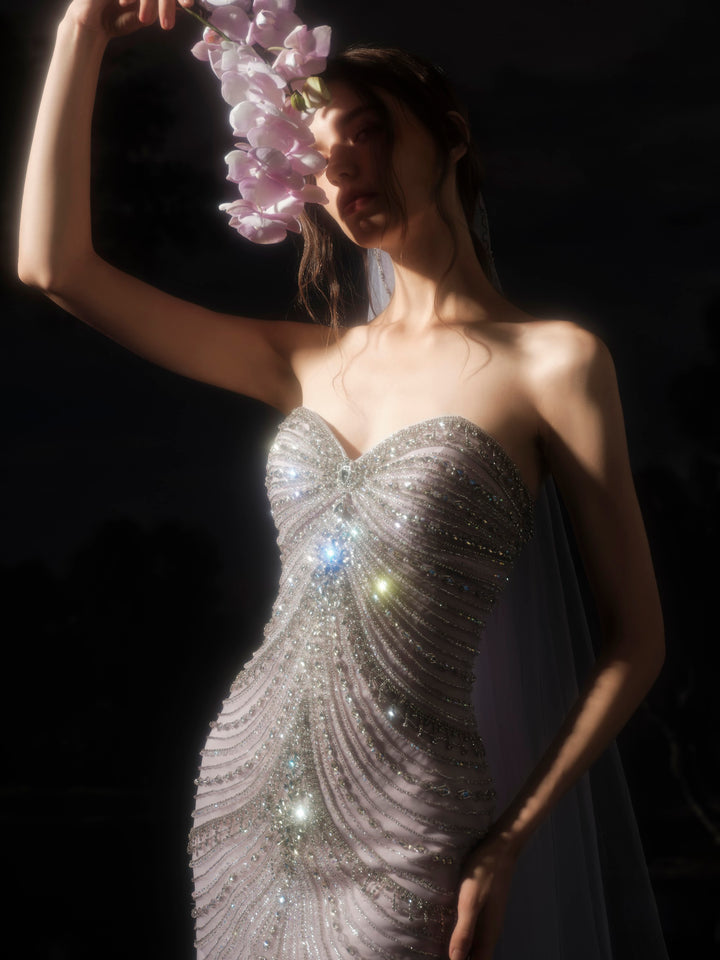 Delilah SH12065 Strapless Draped Crystal Chain Mermaid Gown with Tulle Skirt - Lavender close-up view