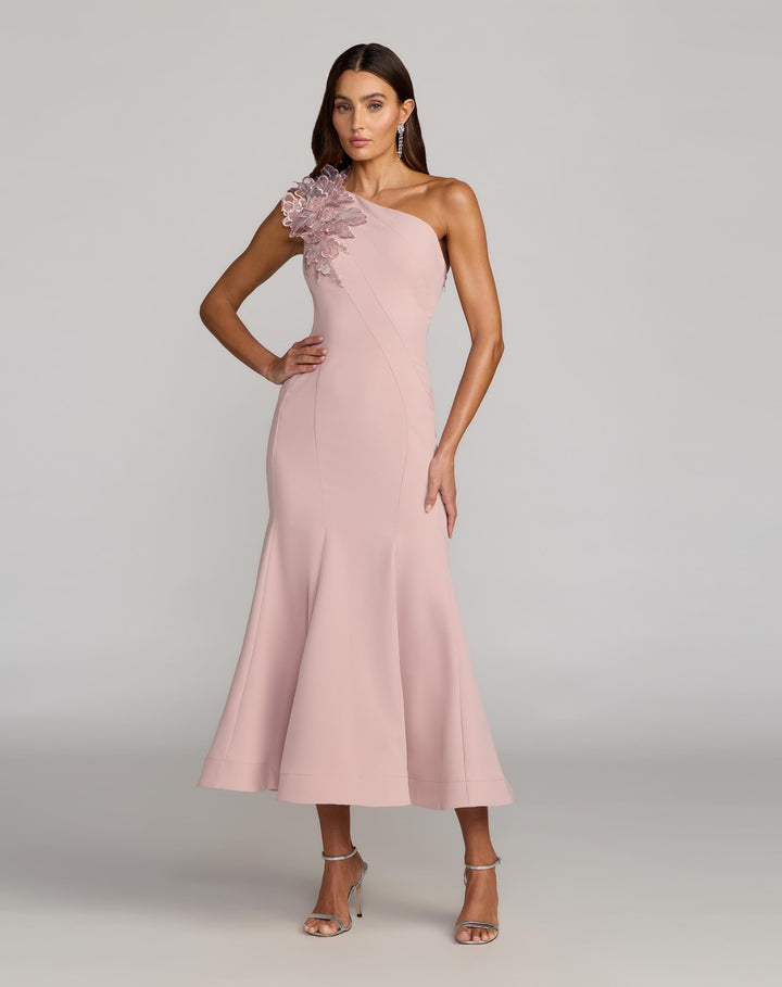 Pink One Shoulder Trumpet Midi Dress with 3D Flower - FOSTANI.com