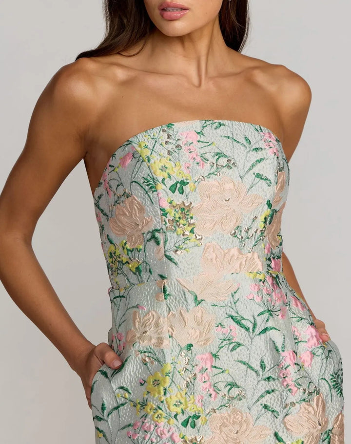 Multicolor Strapless Brocade Midi Dress With Pockets - FOSTANI.com